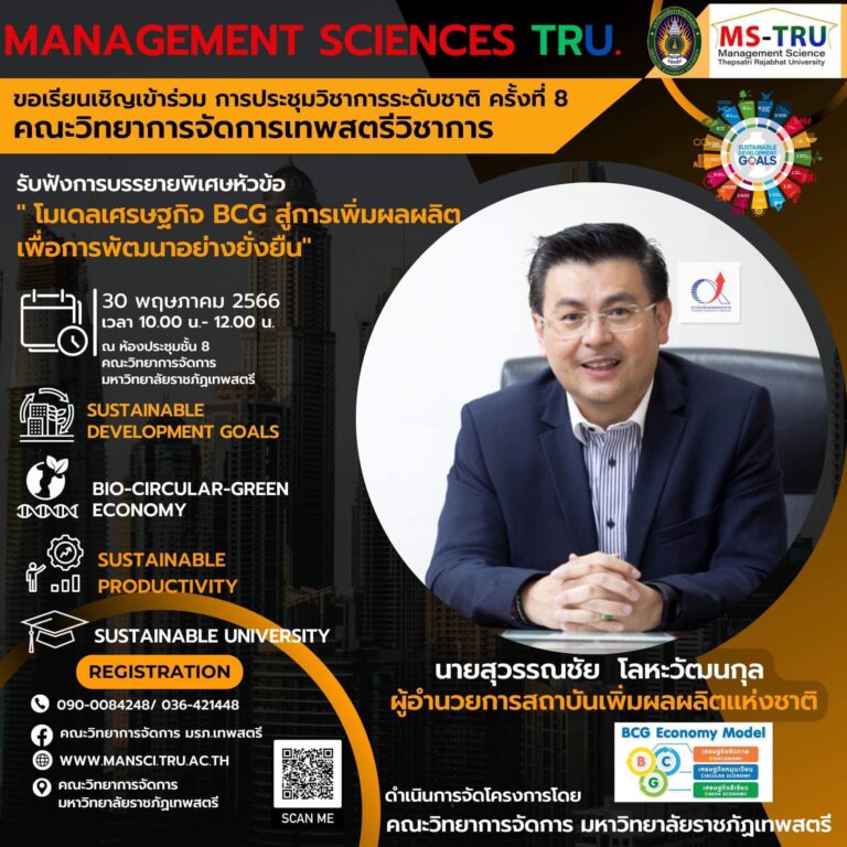 ขอเชิญรับฟังการบรรยายพิเศษ “โมเดลเศรษฐกิจBCG สู่การเพิ่มผลผลิต เพื่อการพัฒนาอย่างยั่งยืน” โดย ?นายสุวรรณชัย โลหะวัฒนกุล ?ผู้อำนวยการสถาบันเพิ่มผลผลิตแห่งชาติ