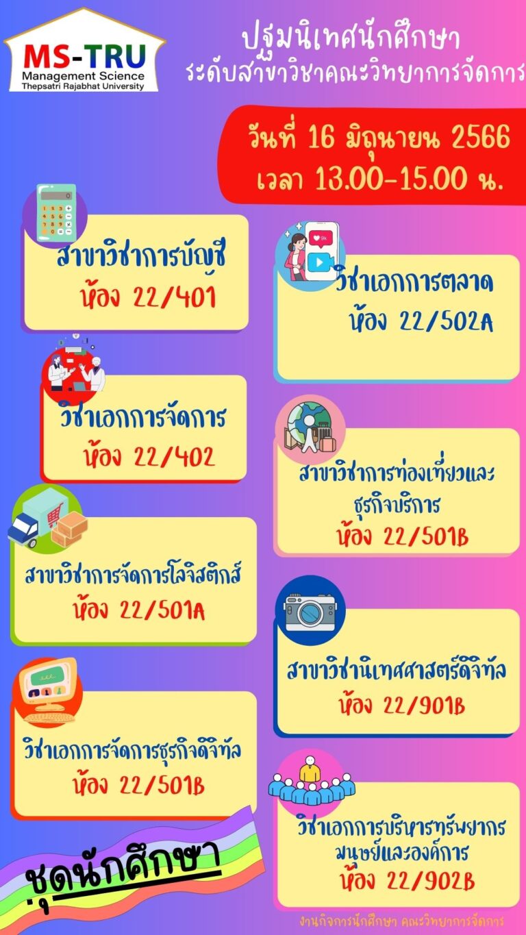 ขอเชิญร่วมปฐมนิเทศนักศึกษาใหม่ ปีการศึกษา 2566 ระดับสาขาวิชา ในวันศุกร์ที่ 16 มิถุนายน 2566 เวลา 13.00 น.