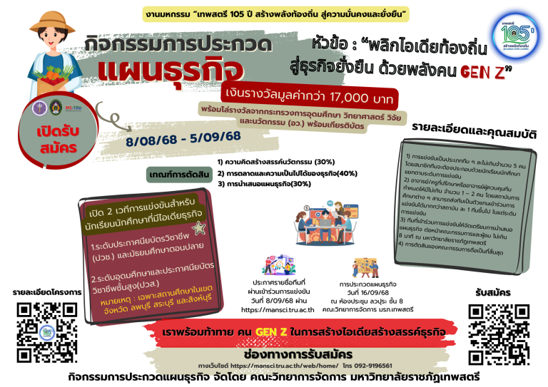งานมหกรรม “เทพสตรี 105 ปี สร้างพลังท้องถิ่น สู่ความมั่นคงที่ยั่งยืน”กิจกรรมการประกวดแผนธุรกิจภายใต้หัวข้อ : “พลิกไอเดียท้องถิ่น สู่ธุรกิจยั่งยืน ด้วยพลังคน GEN Z”ในระดับประกาศนียบัตรวิชาชีพ (ปวช.) และมัธยมศึกษาตอนปลายและระดับอุดมศึกษาและประกาศนียบัตรวิชาชีพชั้นสูง(ปวส.)วันอังคาร ที่ 16 กันยายน 2568ณ ห้องประชุม ลวปุระ ชั้น8 อาคาร 22 คณะวิทยาการจัดการ มหาวิทยาลัยราชภัฏเทพสตรี