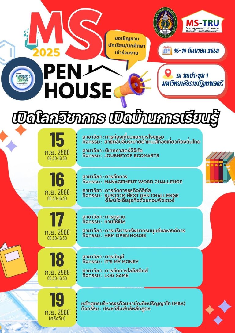 กิจกรรม Open House@TRU การแสดงทางวิชาการและนิทรรศการหลักสูตร ของคณะวิทยาการจัดการ มหาวิทยาลัยราชภัฏเทพสตรี ระหว่างวันที่ 15 – 21 กันยายน 2568