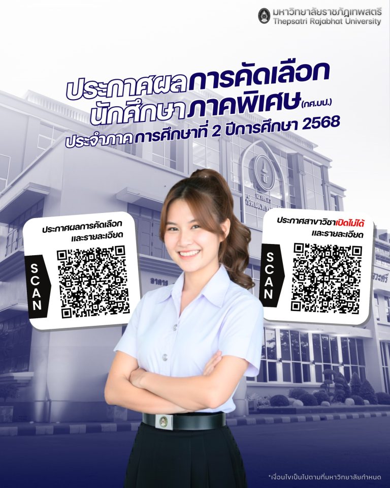ประกาศผลการคัดเลือกนักศึกษา ระดับปริญญาตรี ภาคพิเศษ(กศ.บป.)ประจําภาคการศึกษาที่ ๒ ปีการศึกษา ๒๕๖๘