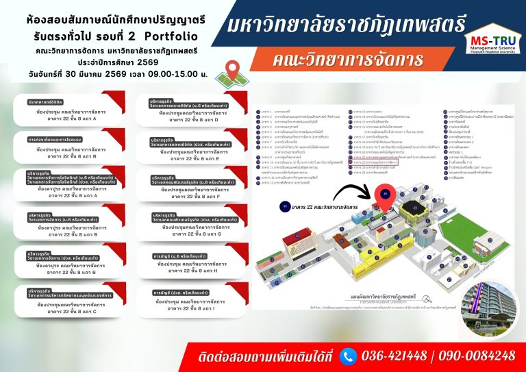 ประกาศมหาวิทยาลัยราชภัฏเทพสตรี รายชื่อผู้มีสิทธิ์สอบคัดเลือกเข้าศึกษาต่อ ระดับปริญญาตรีภาคปกติ รอบที่ 2 รับตรงทั่วไป/Portfolio รวมทุกหลักสูตร/สาขาวิชา ประจำปีการศึกษา 2569 และสถานที่สอบ วันที่ 30 มีนาคม 2569 เวลา 09.00 – 15.00 น. สอบสัมภาษณ์