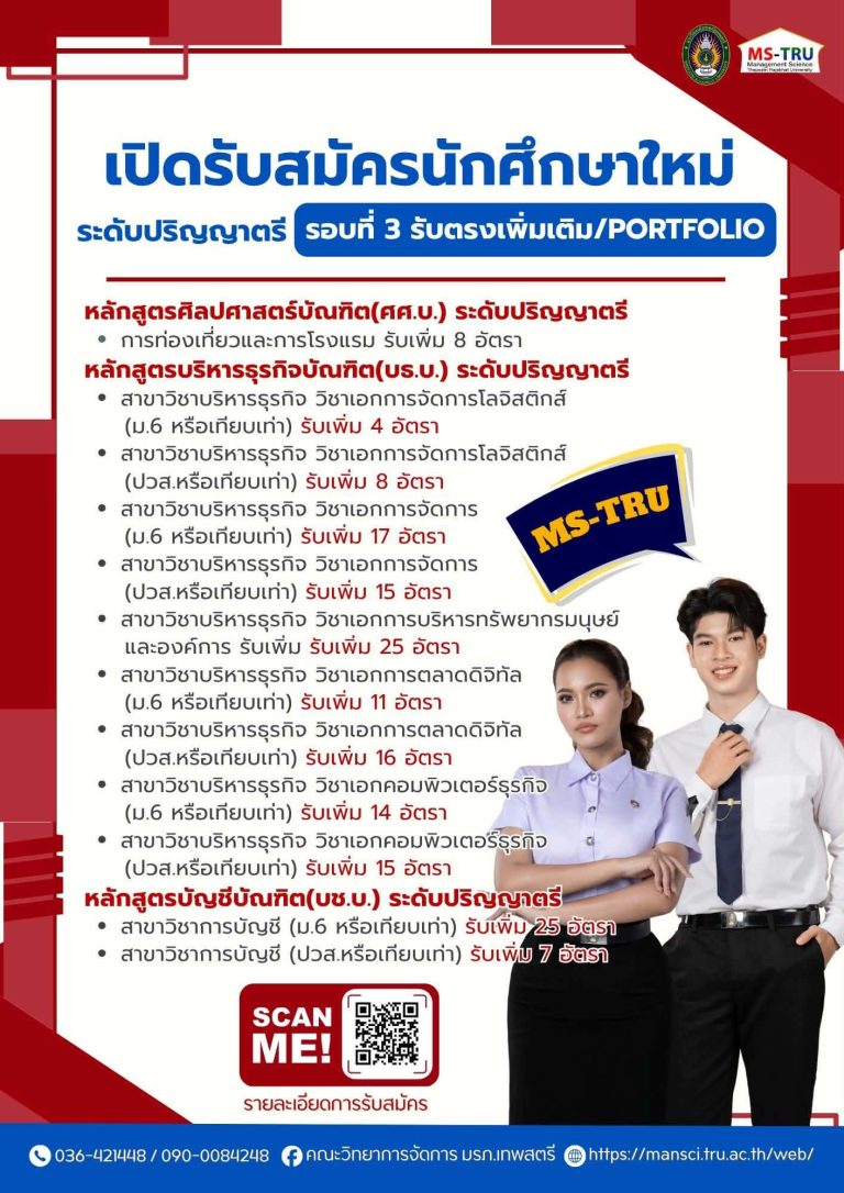 ประกาศรับสมัครนักศึกษา ภาคปกติ รอบที่ 3 รับตรงเพิ่มเติม/Portfolioสมัคร 27 เมษายน ถึง 29 พฤษภาคม 2569
