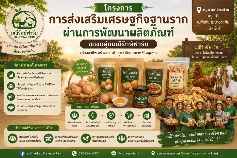 โครงการ การส่งเสริมเศรษฐกิจฐานรากผ่านการพัฒนาผลิตภัณฑ์ของกลุ่มมณีรักษ์ฟาร์ม หมู่บ้านคลองสาม หมู่ 10 ต.พักทัน อ.บางระจัน จ.สิงห์บุรี