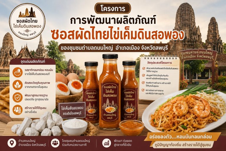 โครงการ การพัฒนาผลิตภัณฑ์ซอสผัดไทยไข่เค็มดินสอพองของชุมชนตำบลถนนใหญ่ อำเภอเมือง จังหวัดลพบุรี