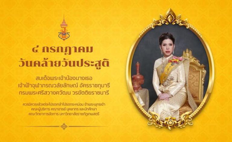 เนื่องในโอกาสวันคล้ายวันประสูติ สมเด็จพระเจ้าน้องนางเธอ เจ้าฟ้าจุฬาภรณวลัยลักษณ์ อัครราชกุมารี กรมพระศรีสวางควัฒน วรขัตติยราชนารี ๔ กรกฎาคม ขอพระองค์ทรงพระเจริญ ควรมิควรแล้วแต่จะโปรดเกล้าโปรดกระหม่อม ข้าพระพุทธเจ้า คณะผู้บริหาร คณาจารย์ บุคลากร และนักศึกษา คณะวิทยาการจัดการ มหาวิทยาลัยราชภัฎเทพสตรี