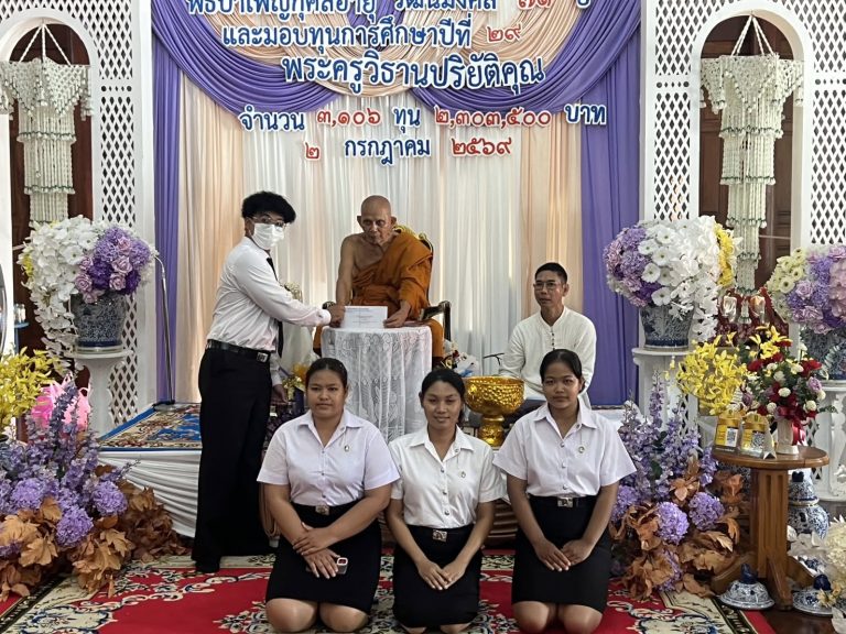 นักศึกษาคณะวิทยาการจัดการ เข้ารับทุนการศึกษาจาก พระครูวิธานปริยัติคุณ เจ้าอาวาสวัดแจ้งพรหมนคร จังหวัดสิงห์บุรี ในงานทำบุญเจริญอายุวัฒนมงคลครบ 71 ปี จำนวน 5 ทุนการศึกษา ณ วัดแจ้งพรหมนคร จังหวัดสิงห์บุรี