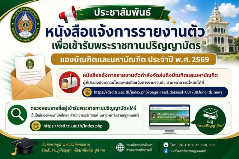 ประชาสัมพันธ์หนังสือแจ้งการรายงานตัวเพื่อเข้ารับพระราชทานปริญญาบัตร ของบัณฑิต และมหาบัณฑิต ประจำปี พ.ศ. 2569