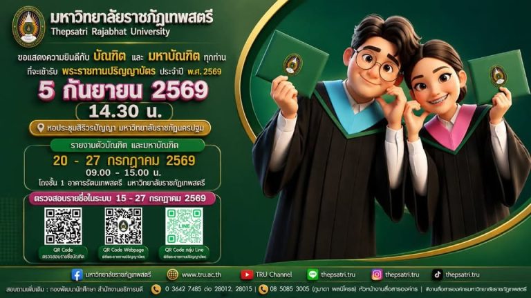 มหาวิทยาลัยราชภัฏเทพสตรี ขอแสดงความยินดีกับบัณฑิตและมหาบัณฑิตทุกท่าน ที่จะเข้ารับ พระราชทานปริญญาบัตร ประจำปี พ.ศ. 2569