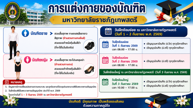 การแต่งกายของบัณฑิตเพื่อเข้ารับพระราชทานปริญญาบัตรประจำปี พ.ศ. 2569 มหาวิทยาลัยราชภัฏเทพสตรี