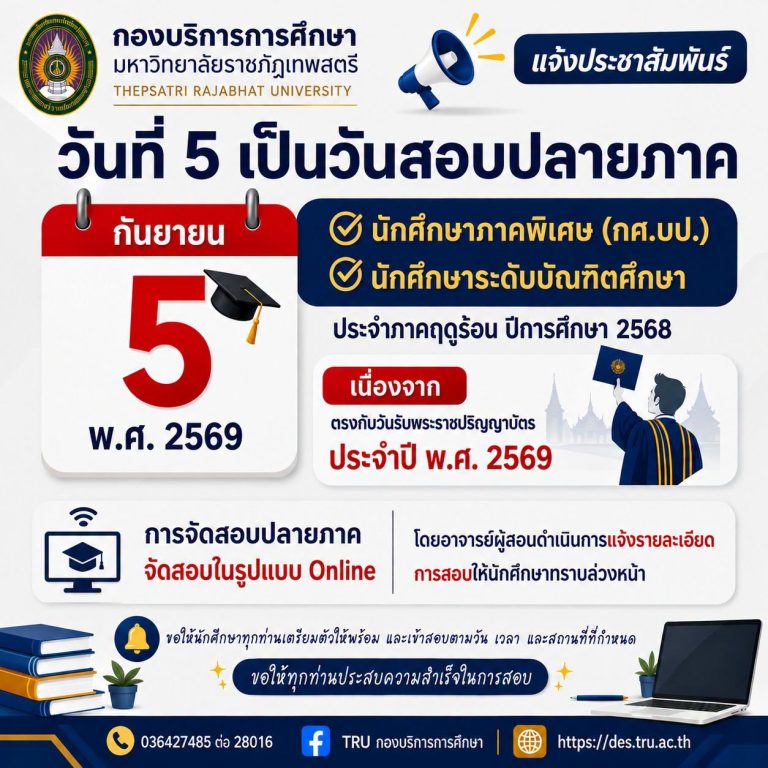 ประกาศวันสอบปลายภาคของนักศึกษาภาคพิเศษ (กศ.บป.) เเละนักศึกษาระดับบัณฑิตศึกษาสอบในรูปเเบบออนไลน์ ในวันที่ 5 กันยายน 2569