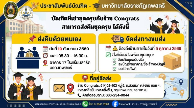 ประชาสัมพัธ์ บัณฑิตที่เช่าชุดกับร้าน congrats ร้านจะมารับชุดคืน