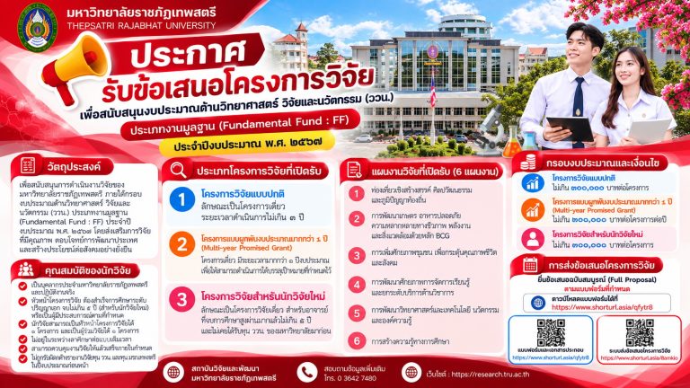 สวพ. เปิดรับข้อเสนอโครงการวิจัย ววน. ประเภทงานมูลฐาน (Fundamental Fund; FF) ประจำปีงบประมาณ พ.ศ. 2571