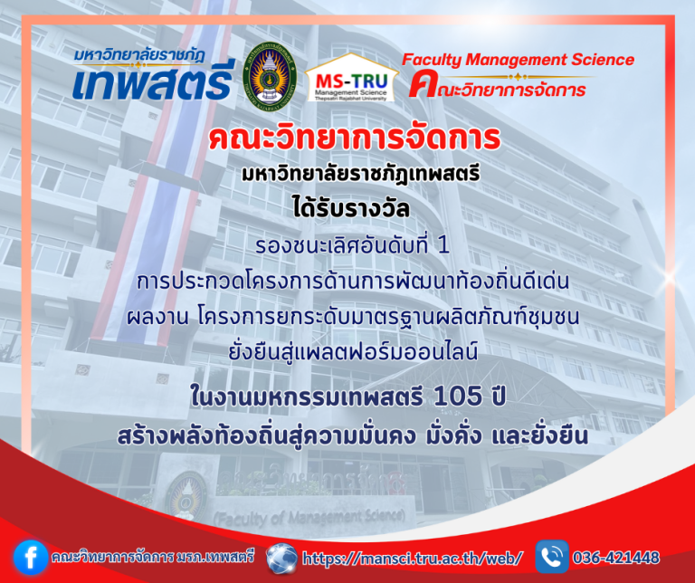 คณะวิทยาการจัดการ ขอเเสดงความยินดีกับอาจารย์ผู้จัดกิจกรรมเนื่องในโอกาสได้รับรางวัลต่างๆ ในงานมหกรรมเทพสตรี 105 ปี สร้างพลังท้องถิ่นสู่ความมั่นคง มั่งคั่ง และยั่งยืน