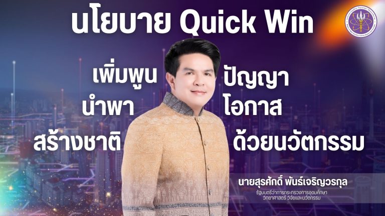 นโยบาย Quick Win  กระทรวงการอุดมศึกษา วิทยาศาสตร์ วิจัยและนวัตกรรม โดย นายสุรศักดิ์ พันธ์เจริญวรกุล รัฐมนตรีว่าการกระทรวงการอุดมศึกษาวิทยาศาสตร์วิจัยและนวัตกรรม